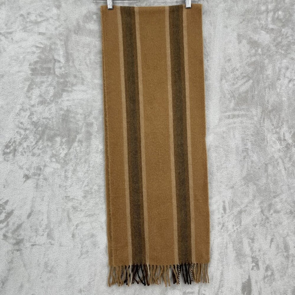 Murano 100% Alpaca Brown Striped Rectangle Fringe Scarf Classic Preppy Neutral
